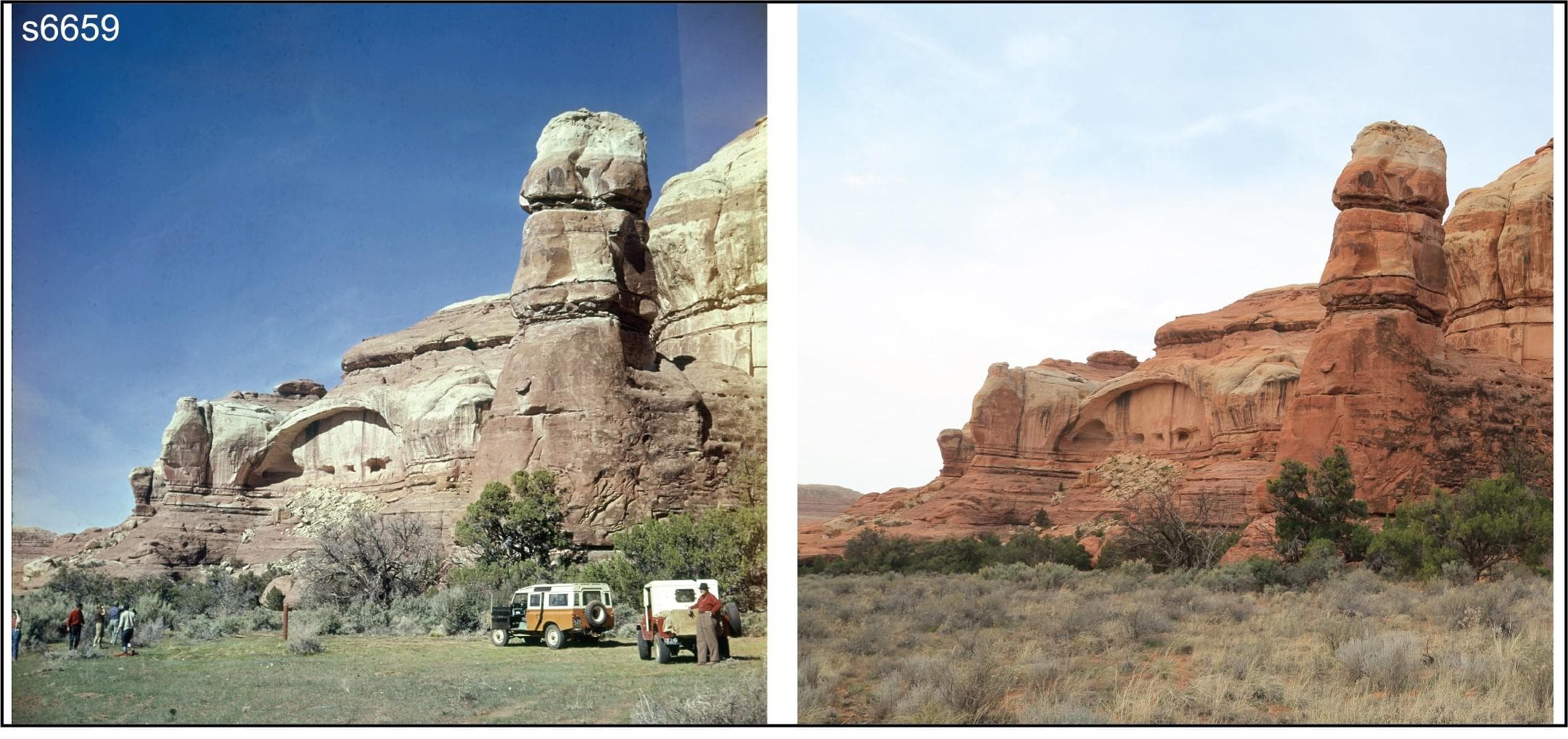 Horse Canyon in 1965 on the left and 2015 on the right: matched sandstone landmarks, with more visible grass in the later foreground. Researchers assessed grassland and woodland patches separately.
