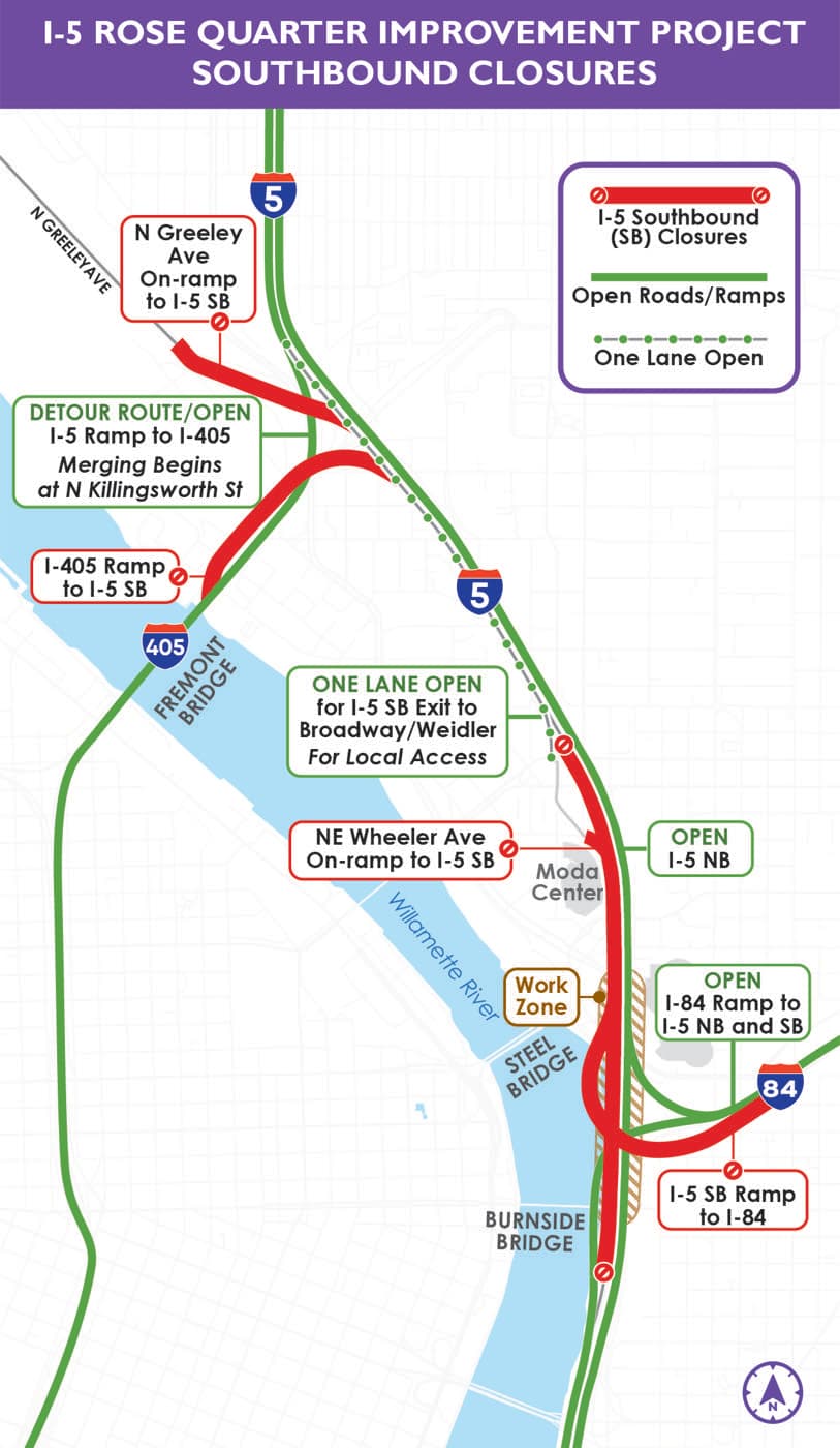 ODOT map of the September 2026 southbound I-5 closure, showing the closed section between I-405 and I-84 and the detour routes onto I-405 and I-205.