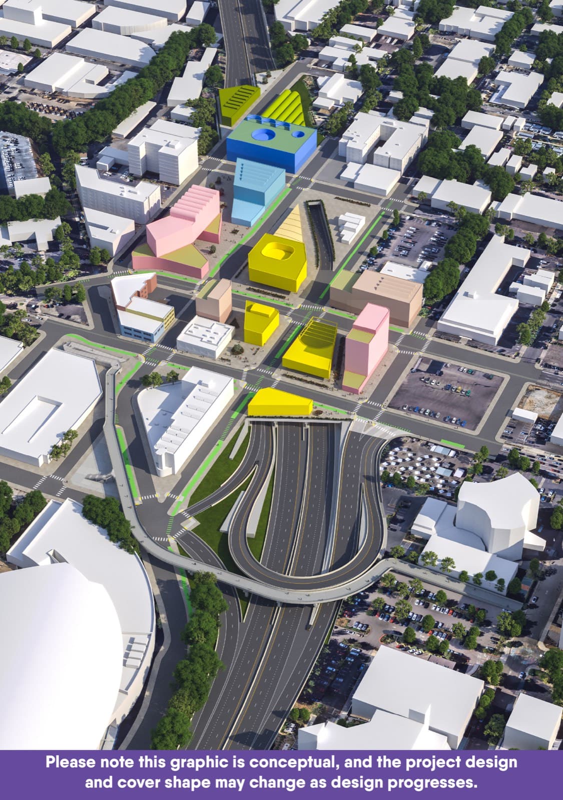 ODOT rendering of the proposed highway cover over I-5, looking south toward the Moda Center, showing landscaped plazas, crossing streets and low buildings.