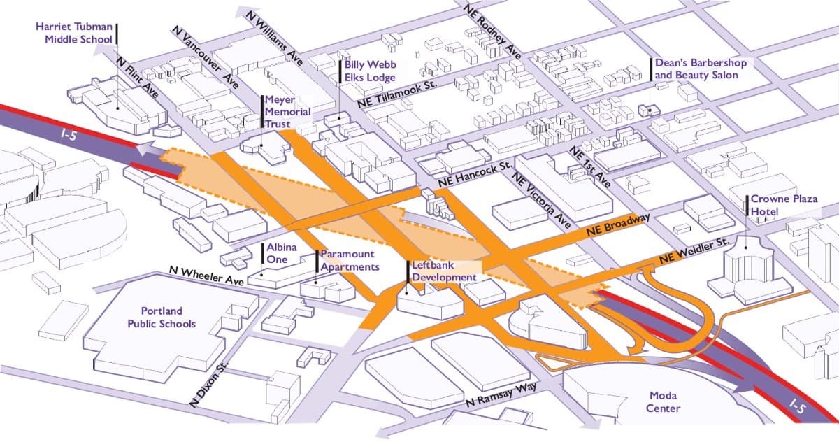 ODOT map showing where auxiliary lanes and full shoulders would be added to I-5 in each direction.