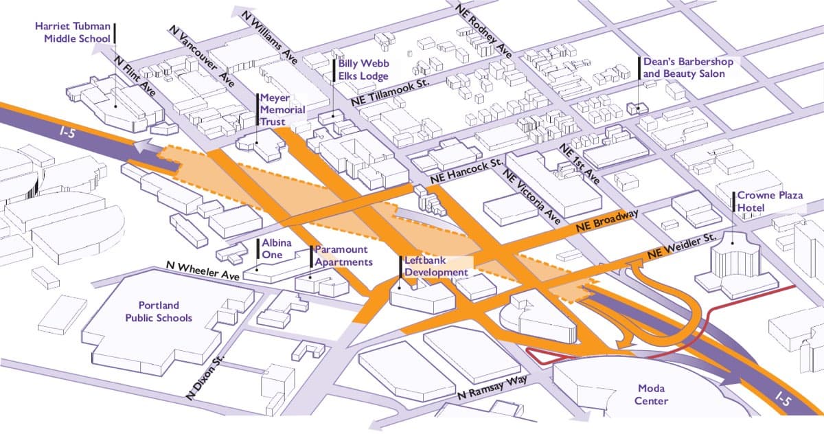 ODOT map showing the proposed car-free pedestrian and bicycle bridge over I-5.