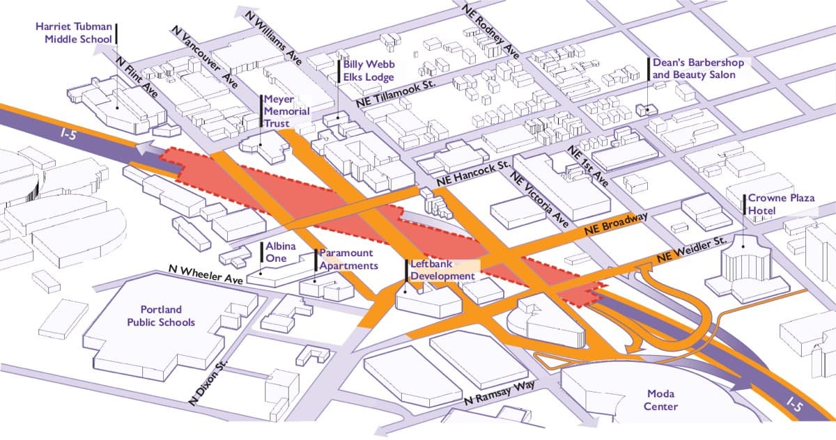 ODOT map showing the extent of the proposed highway cover over I-5 between the Broadway/Weidler couplet and Hancock Street.