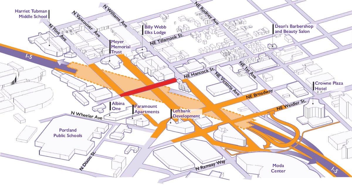 ODOT map showing the new Hancock Street crossing over I-5.
