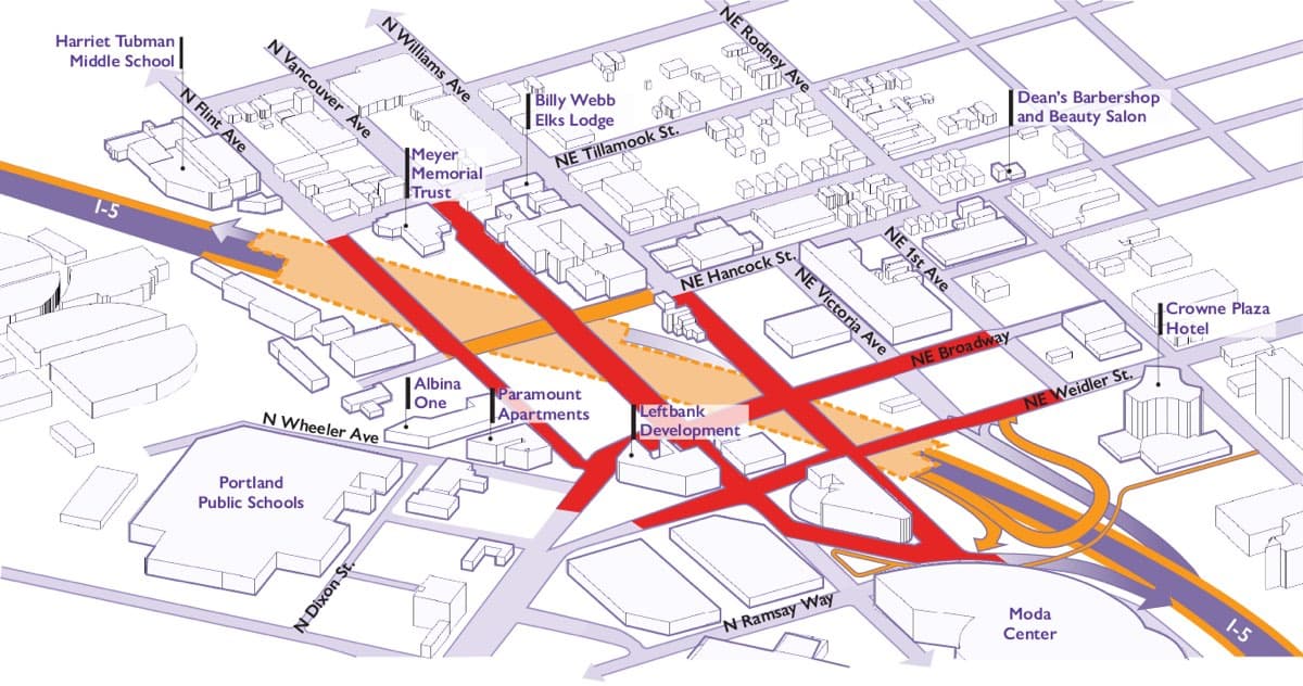 ODOT map showing planned local street, sidewalk and bikeway improvements around the Rose Quarter.