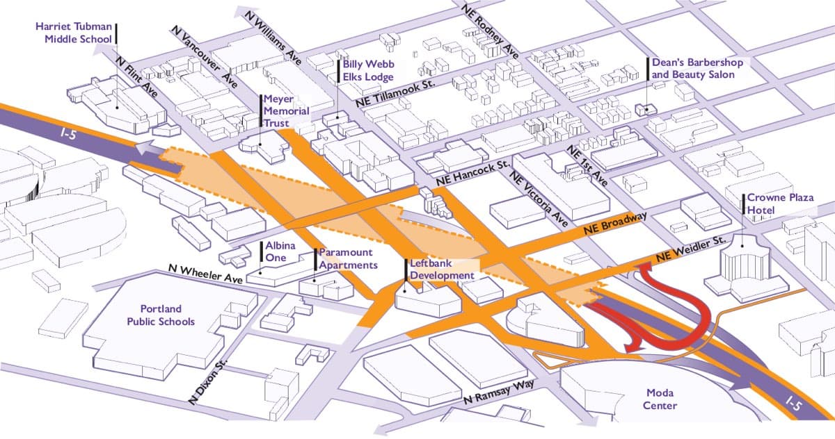 ODOT map showing the relocated southbound I-5 off-ramp and the new flyover connection to Weidler Street.