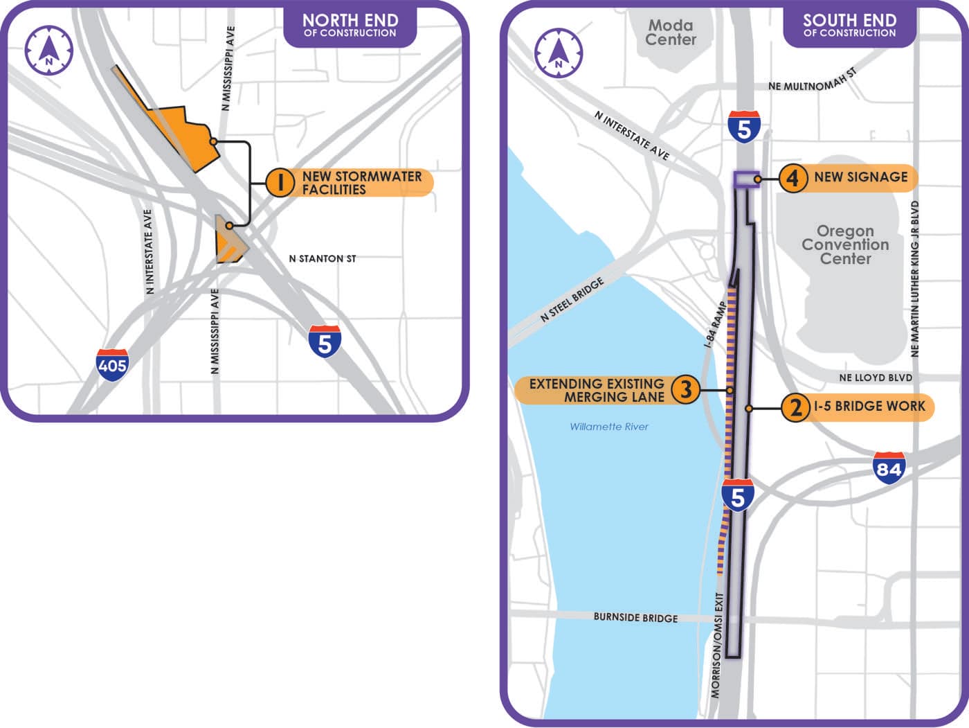 ODOT map of Phase 1A construction, showing stormwater work and seismic retrofit locations near the I-5 and I-405 interchange.